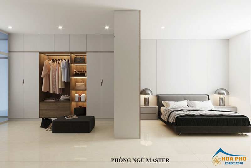 Phòng ngủ master gồm phồng ngủ và khu vực để đồ