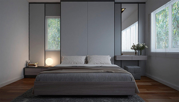 Màu sắc trang nhã kết hợp kết cấu phòng ngủ khiến căn phòng mang đậm phong cách tối giản