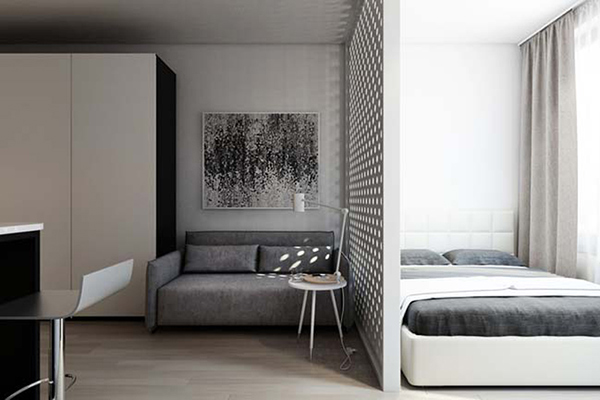 Phòng ngủ và phòng khách sử dụng thiết kế tối giản, đặc sắc